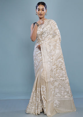 Cream Gachi Tussar Nakshi Kantha Saree With Blouse Piece - Indian Silk House Agencies