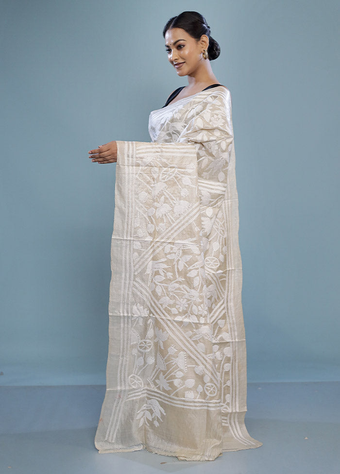 Cream Gachi Tussar Nakshi Kantha Saree With Blouse Piece - Indian Silk House Agencies