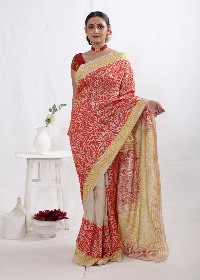 Cream Kantha Stitch Pure Silk Saree With Blouse Piece - Indian Silk House Agencies