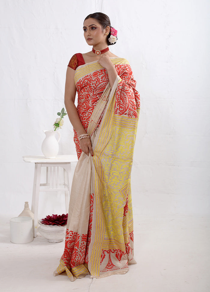 Cream Kantha Stitch Pure Silk Saree With Blouse Piece - Indian Silk House Agencies