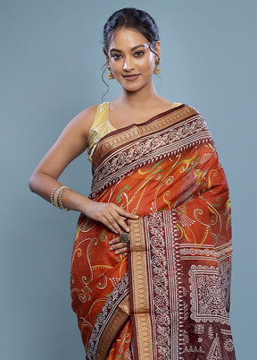 Orange Printed Pure Silk Saree Without Blouse Piece - Indian Silk House Agencies