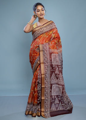 Orange Printed Pure Silk Saree Without Blouse Piece - Indian Silk House Agencies