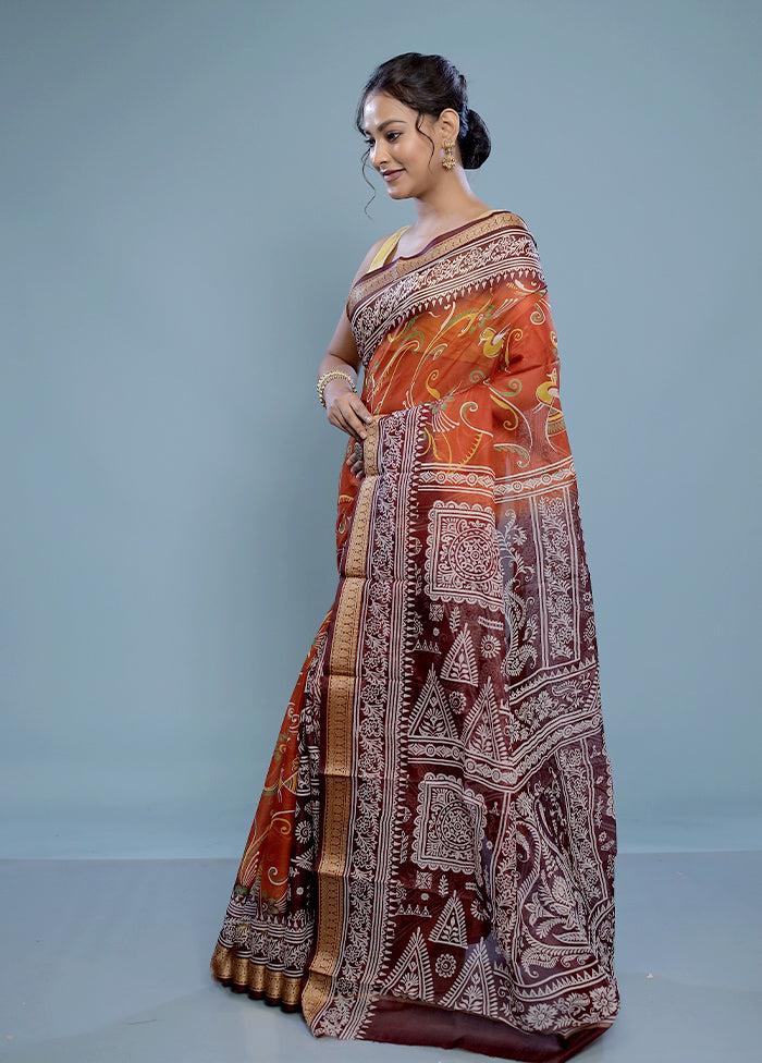 Orange Printed Pure Silk Saree Without Blouse Piece - Indian Silk House Agencies