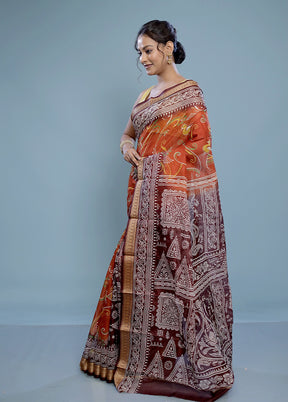 Orange Printed Pure Silk Saree Without Blouse Piece - Indian Silk House Agencies