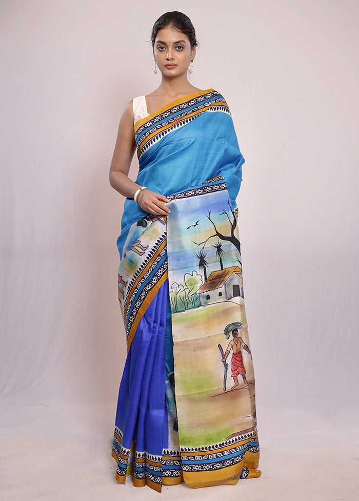 Blue Printed Pure Silk Saree With Blouse Piece - Indian Silk House Agencies