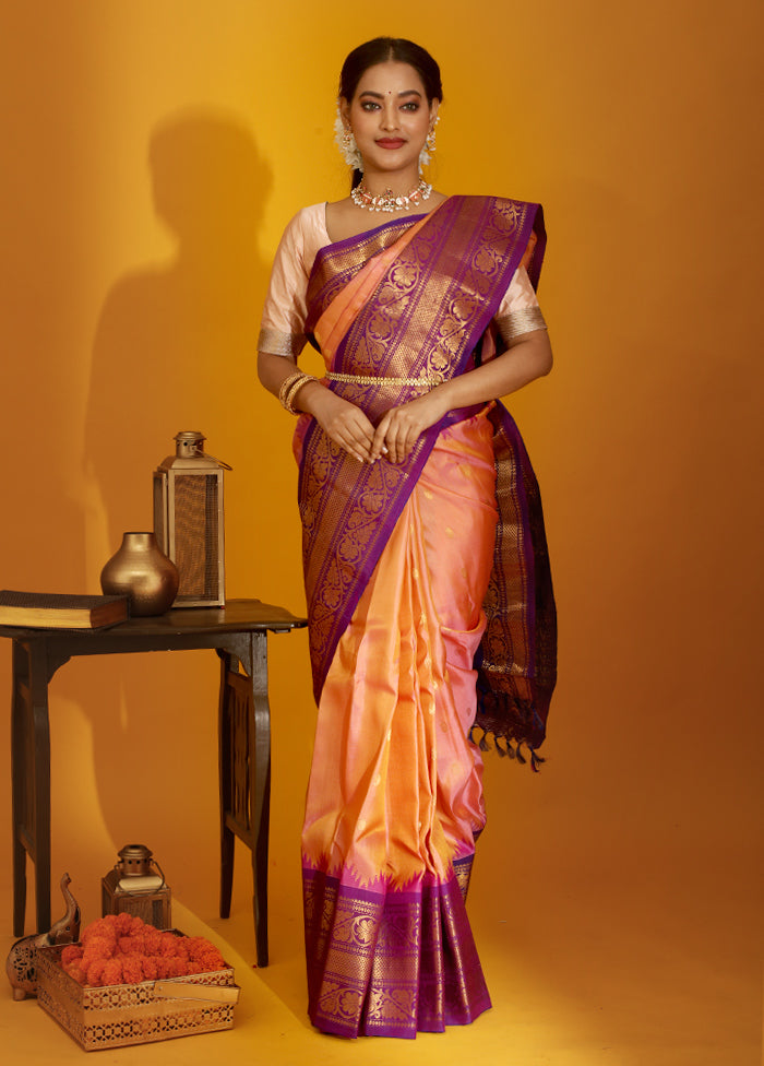 Peach Gadwal Pure Silk Saree Without Blouse Piece - Indian Silk House Agencies