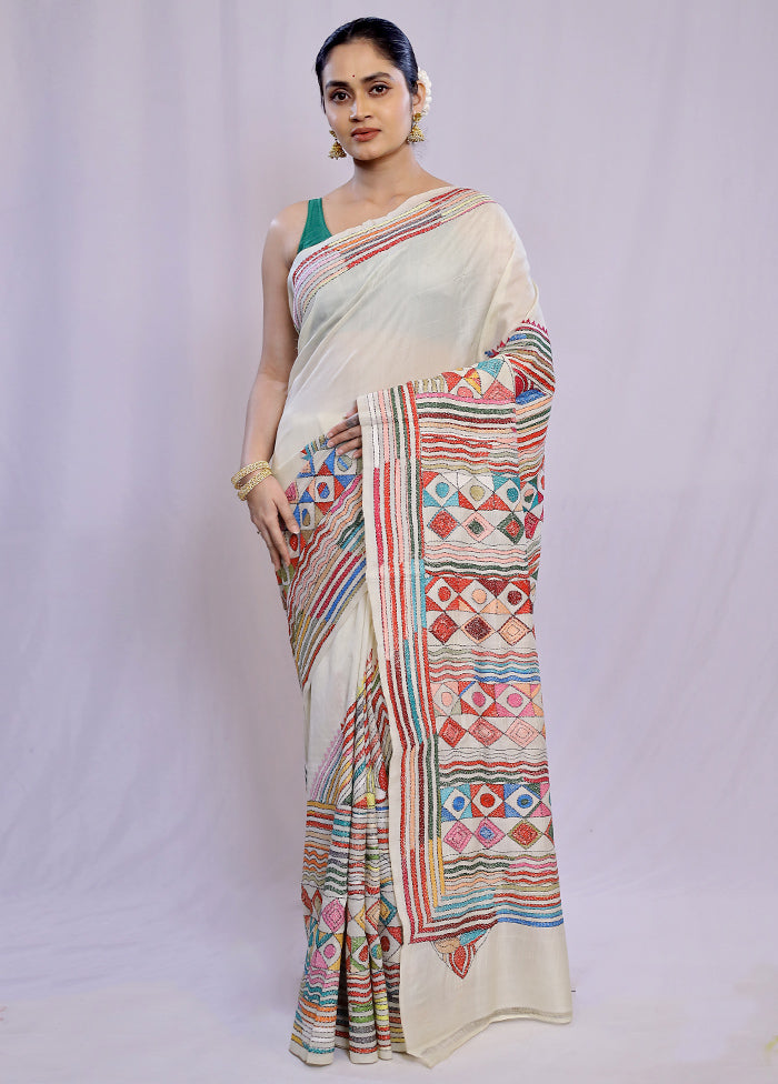 Cream Kantha Stitch Silk Saree With Blouse Piece - Indian Silk House Agencies