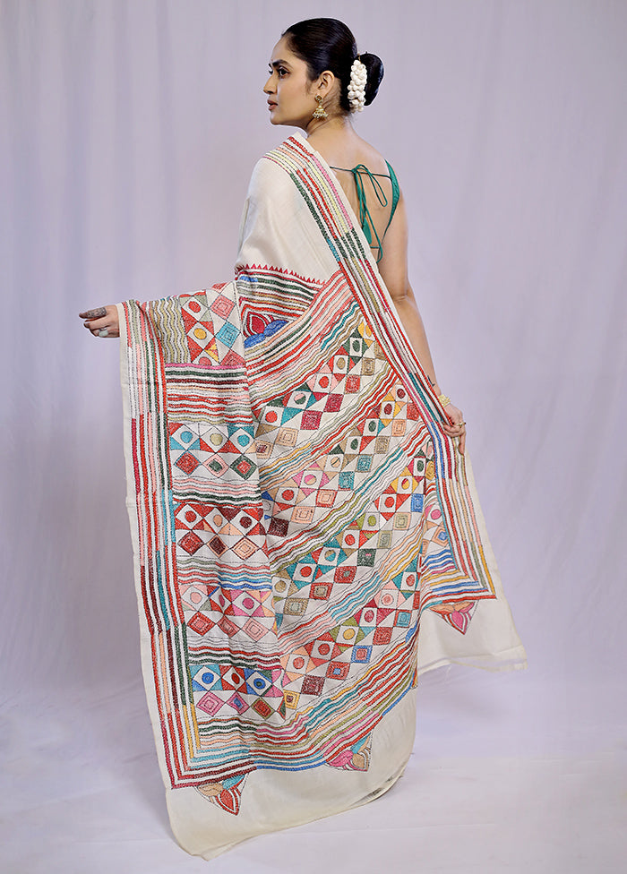 Cream Kantha Stitch Silk Saree With Blouse Piece - Indian Silk House Agencies