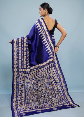 Blue Kantha Stitch Pure Silk Saree With Blouse Piece - Indian Silk House Agencies