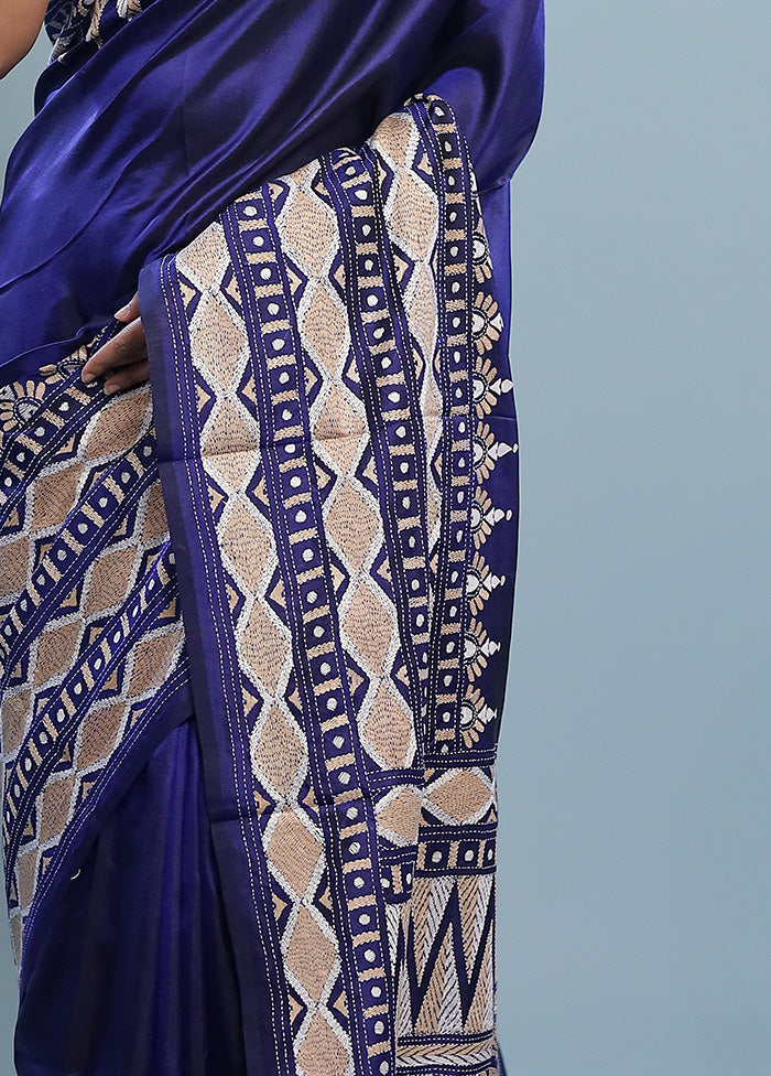 Blue Kantha Stitch Pure Silk Saree With Blouse Piece - Indian Silk House Agencies