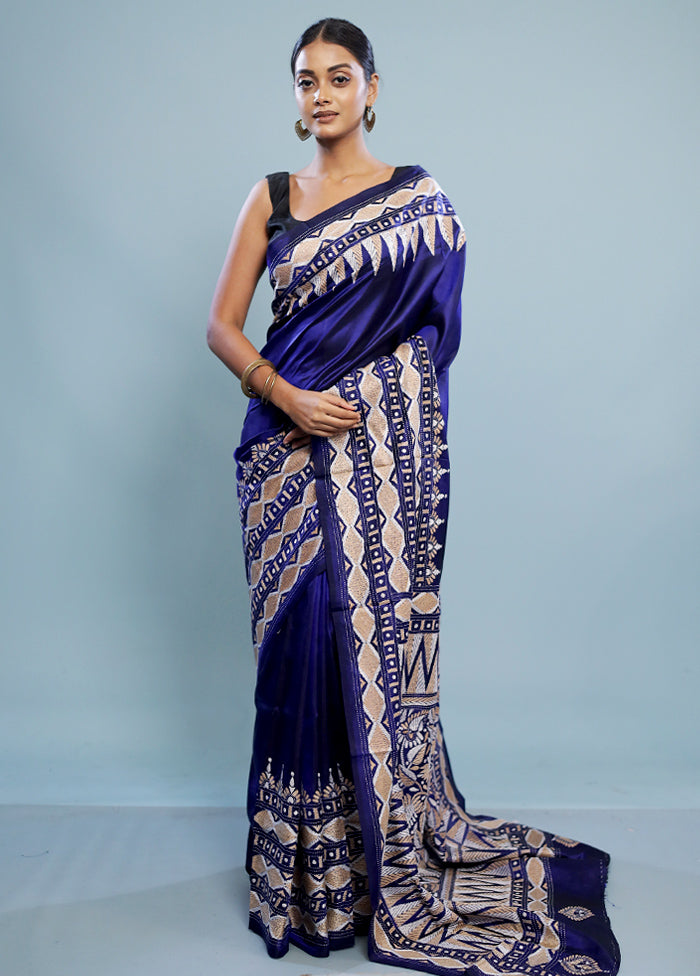 Blue Kantha Stitch Pure Silk Saree With Blouse Piece - Indian Silk House Agencies