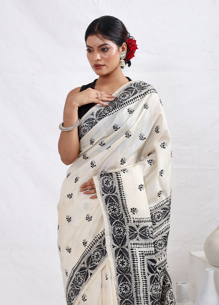 Cream Kantha Stitch Pure Silk Saree With Blouse Piece - Indian Silk House Agencies