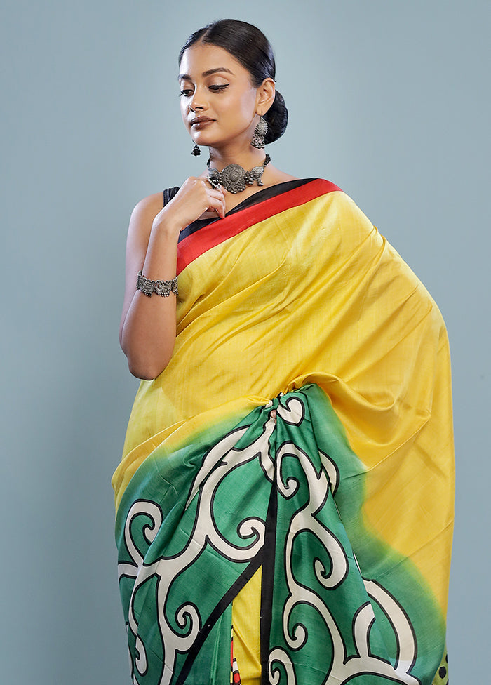 Yellow Printed Pure Silk Saree With Blouse Piece - Indian Silk House Agencies