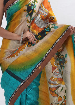 Blue Printed Pure Silk Saree With Blouse Piece - Indian Silk House Agencies