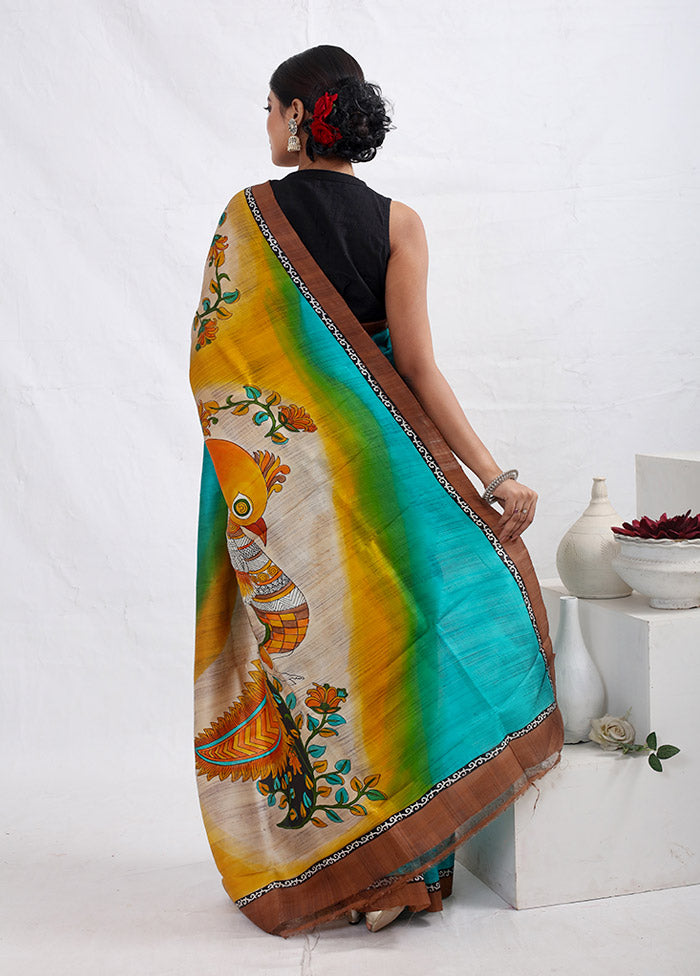 Blue Printed Pure Silk Saree With Blouse Piece - Indian Silk House Agencies