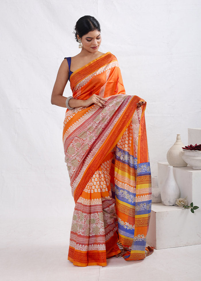 Orange Printed Pure Silk Saree With Blouse Piece - Indian Silk House Agencies