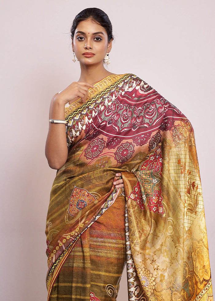 Green Printed Pure Silk Saree With Blouse Piece - Indian Silk House Agencies