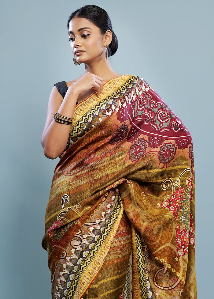 Yellow Printed Pure Silk Saree With Blouse Piece - Indian Silk House Agencies