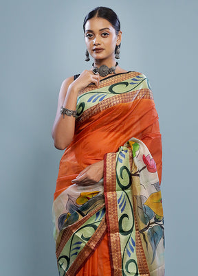 Orange Printed Pure Silk Saree With Blouse Piece - Indian Silk House Agencies