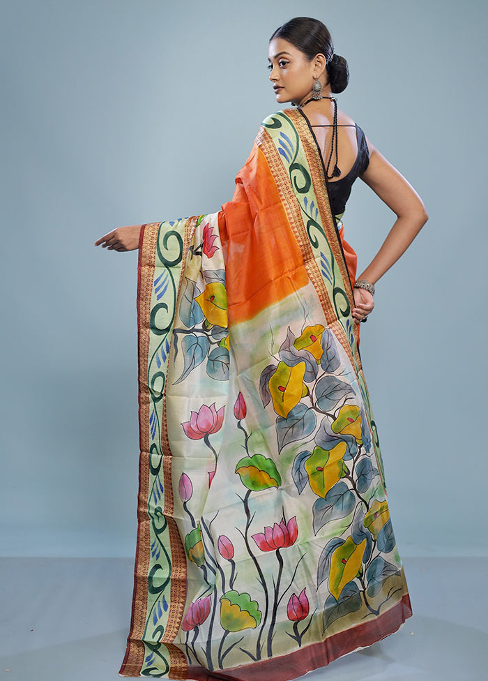 Orange Printed Pure Silk Saree With Blouse Piece - Indian Silk House Agencies