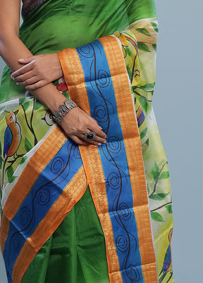 Green Printed Pure Silk Saree With Blouse Piece - Indian Silk House Agencies