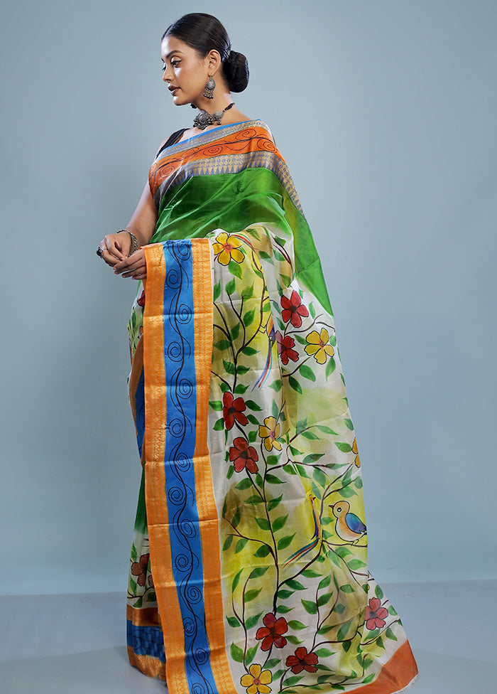 Green Printed Pure Silk Saree With Blouse Piece - Indian Silk House Agencies