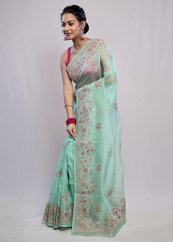 Green Pure Organza Saree With Blouse Piece - Indian Silk House Agencies