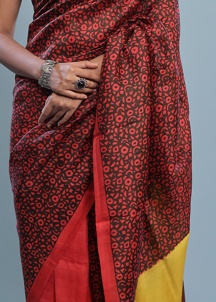 Red Printed Pure Silk Saree With Blouse Piece - Indian Silk House Agencies