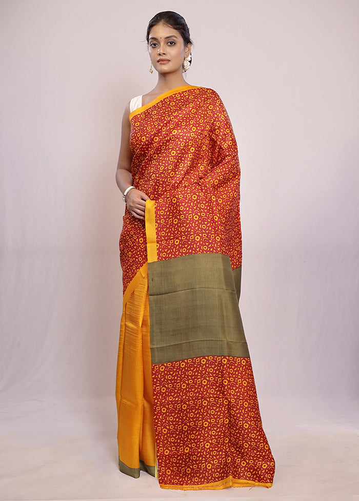 Red Printed Pure Silk Saree With Blouse Piece - Indian Silk House Agencies