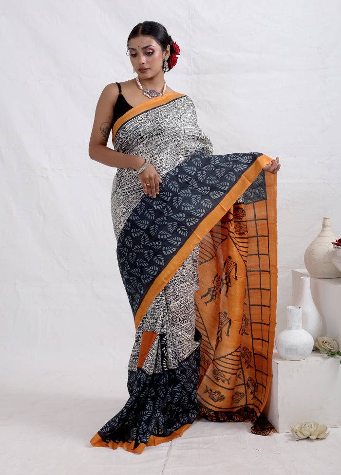 Cream Printed Pure Silk Saree With Blouse Piece - Indian Silk House Agencies