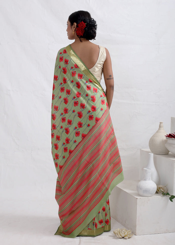 Green Printed Pure Silk Saree With Blouse Piece - Indian Silk House Agencies