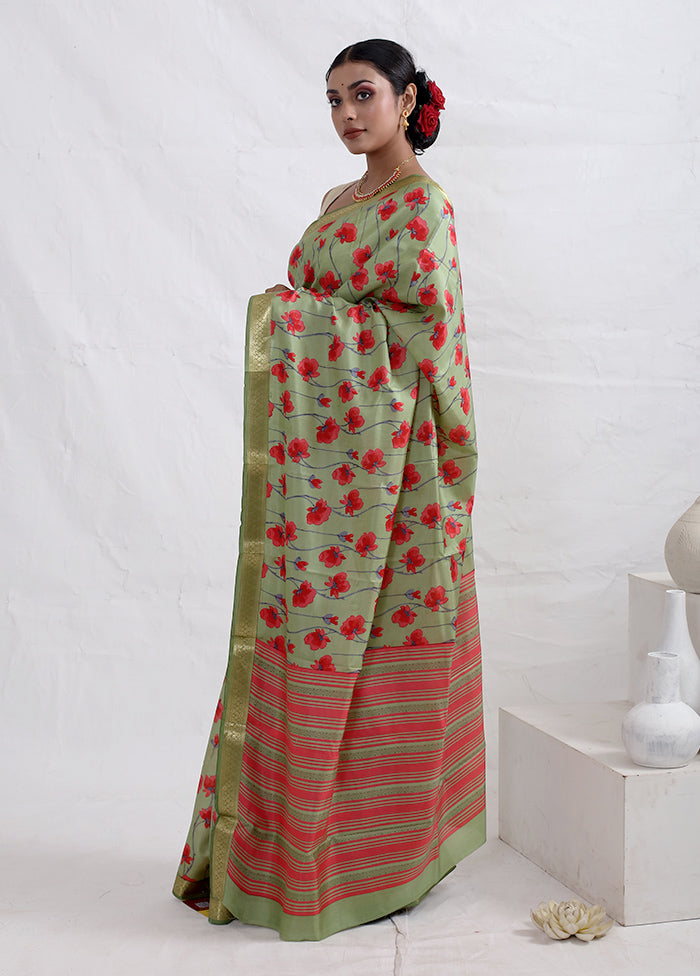 Green Printed Pure Silk Saree With Blouse Piece - Indian Silk House Agencies