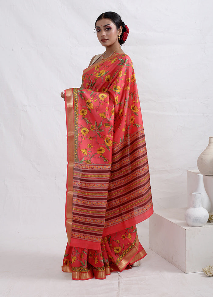 Pink Printed Pure Silk Saree With Blouse Piece - Indian Silk House Agencies