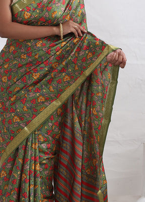 Green Printed Pure Silk Saree With Blouse Piece - Indian Silk House Agencies