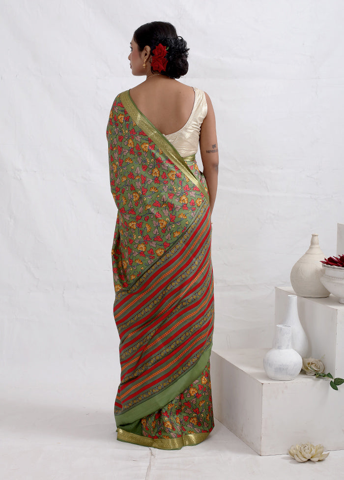 Green Printed Pure Silk Saree With Blouse Piece - Indian Silk House Agencies