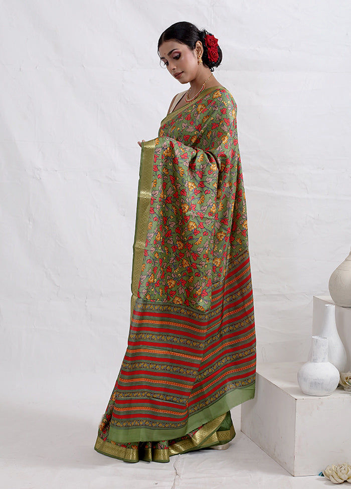 Green Printed Pure Silk Saree With Blouse Piece - Indian Silk House Agencies