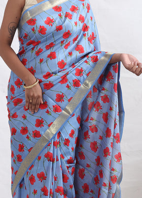 Blue Printed Pure Silk Saree With Blouse Piece - Indian Silk House Agencies