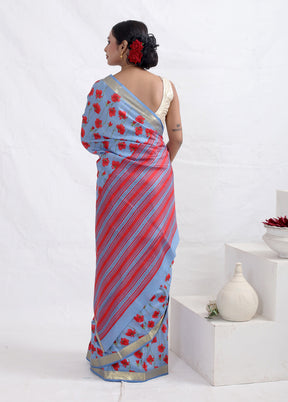 Blue Printed Pure Silk Saree With Blouse Piece - Indian Silk House Agencies