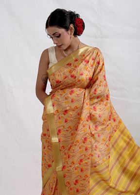 Cream Printed Pure Silk Saree With Blouse Piece - Indian Silk House Agencies