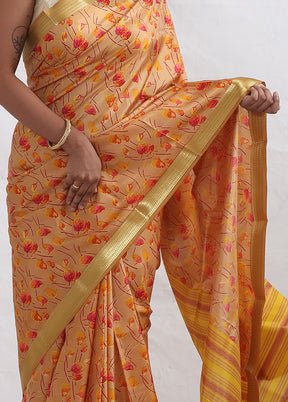 Cream Printed Pure Silk Saree With Blouse Piece - Indian Silk House Agencies