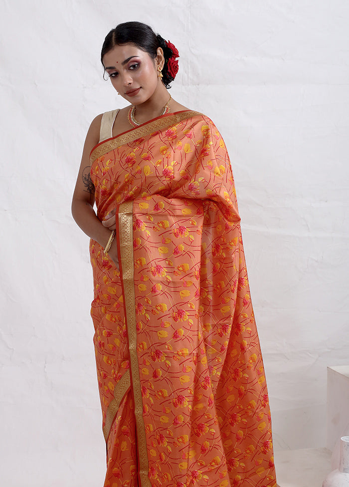 Orange Printed Pure Silk Saree With Blouse Piece - Indian Silk House Agencies