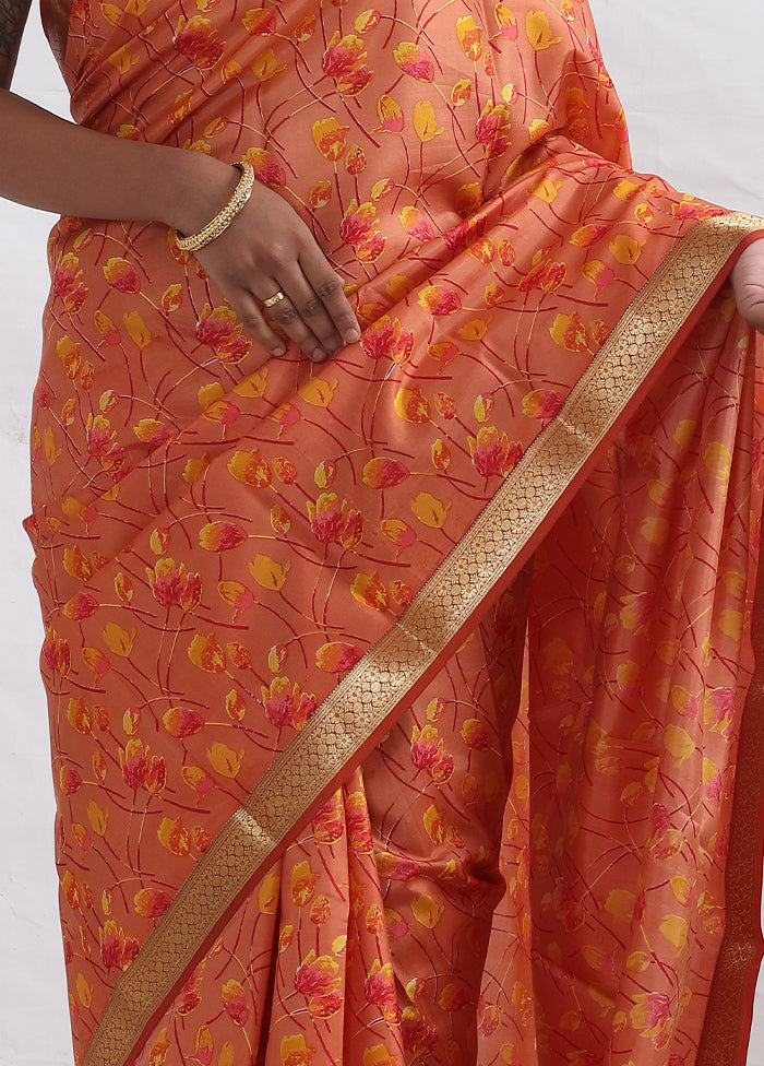 Orange Printed Pure Silk Saree With Blouse Piece - Indian Silk House Agencies