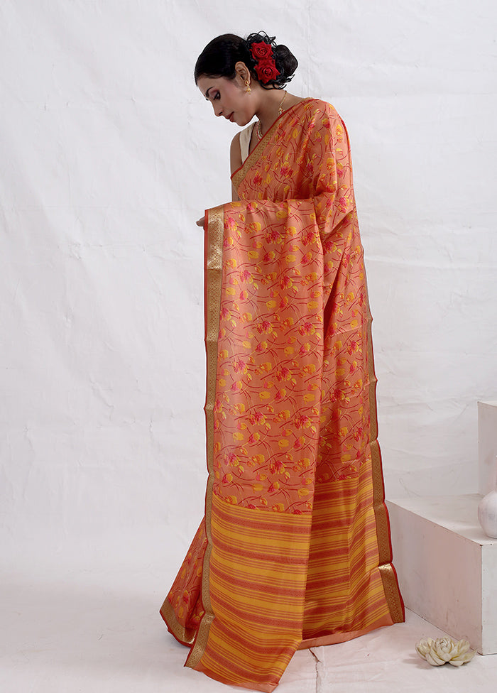 Orange Printed Pure Silk Saree With Blouse Piece - Indian Silk House Agencies