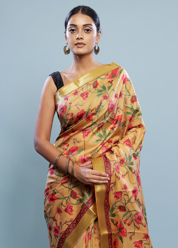 Yellow Printed Pure Silk Saree With Blouse Piece - Indian Silk House Agencies