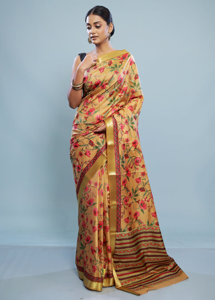 Yellow Printed Pure Silk Saree With Blouse Piece - Indian Silk House Agencies