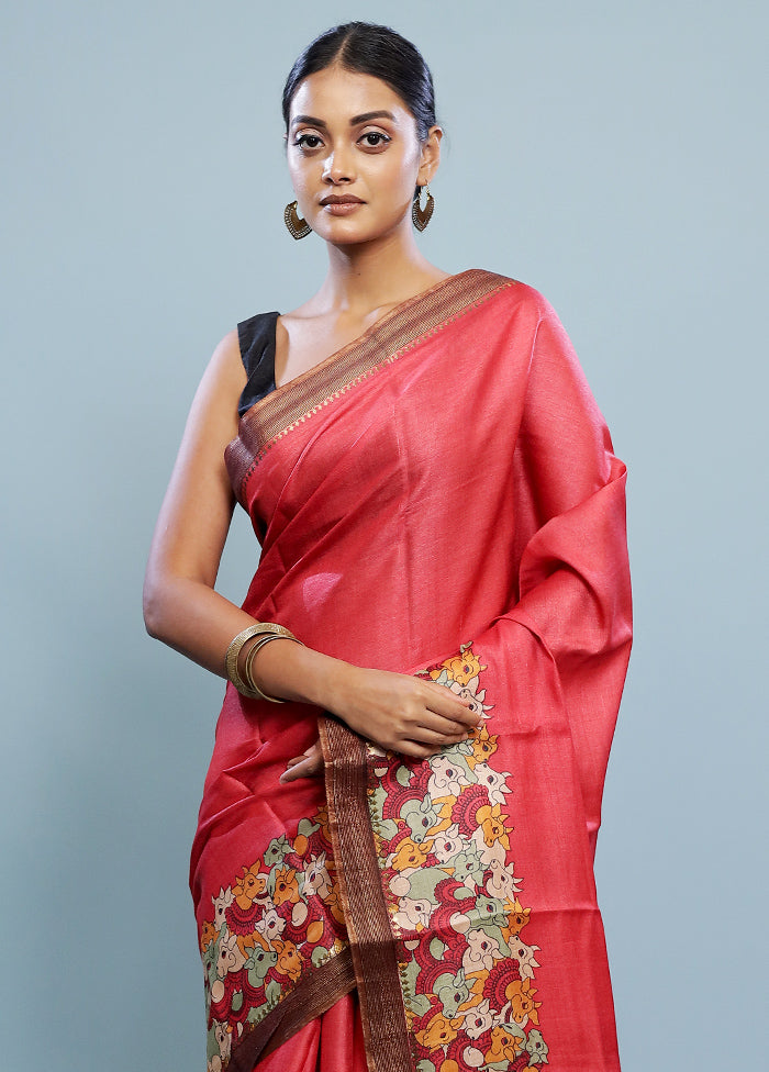 Red Tussar Pure Silk Saree With Blouse Piece - Indian Silk House Agencies