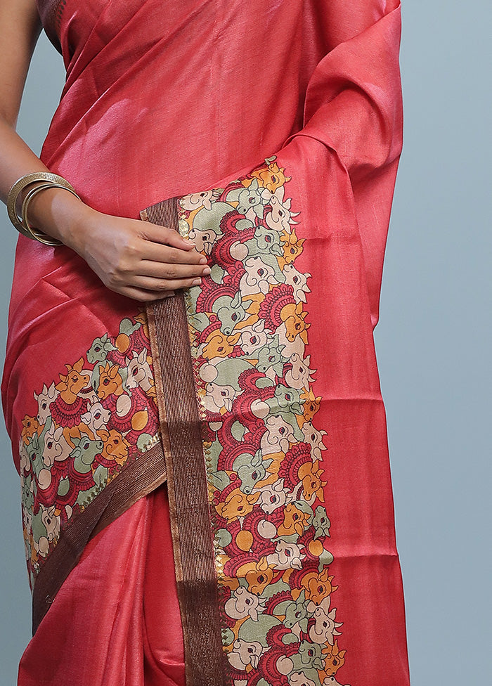 Red Tussar Pure Silk Saree With Blouse Piece - Indian Silk House Agencies