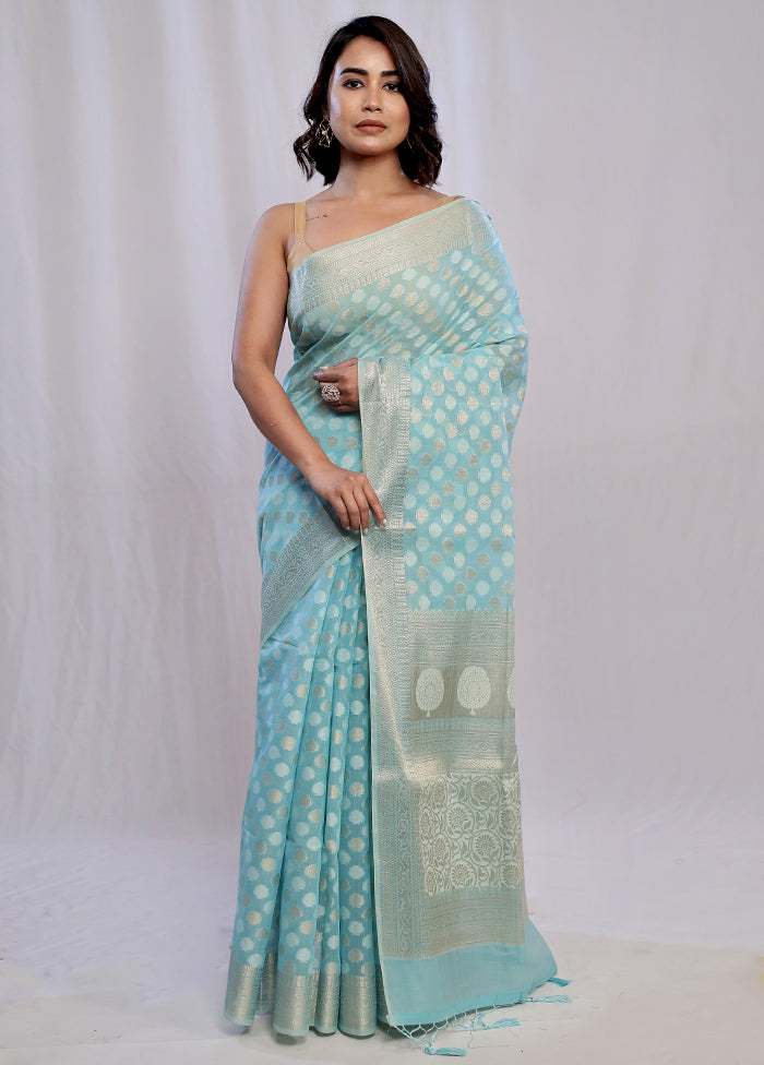 Blue Cotton Saree With Blouse Piece - Indian Silk House Agencies