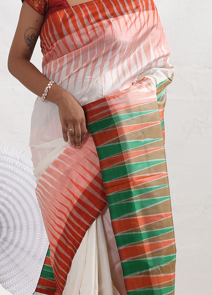 White Pure Ikkat Silk Saree With Blouse Piece - Indian Silk House Agencies