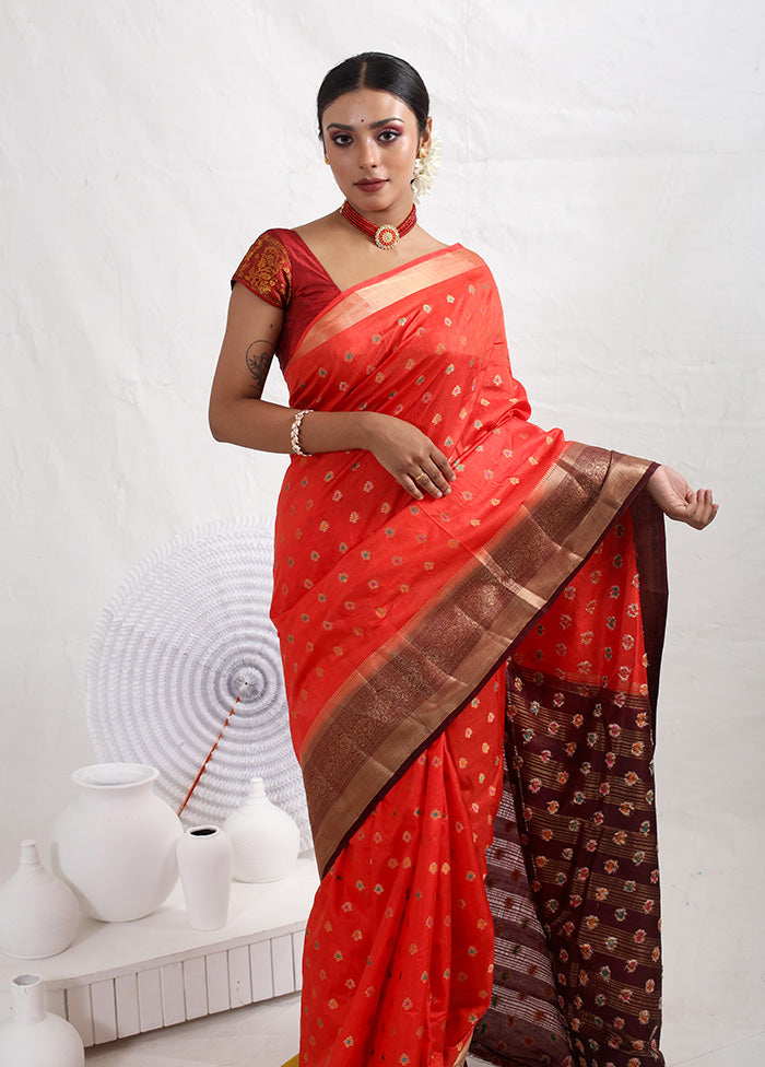 Red Dupion Silk Saree With Blouse Piece - Indian Silk House Agencies